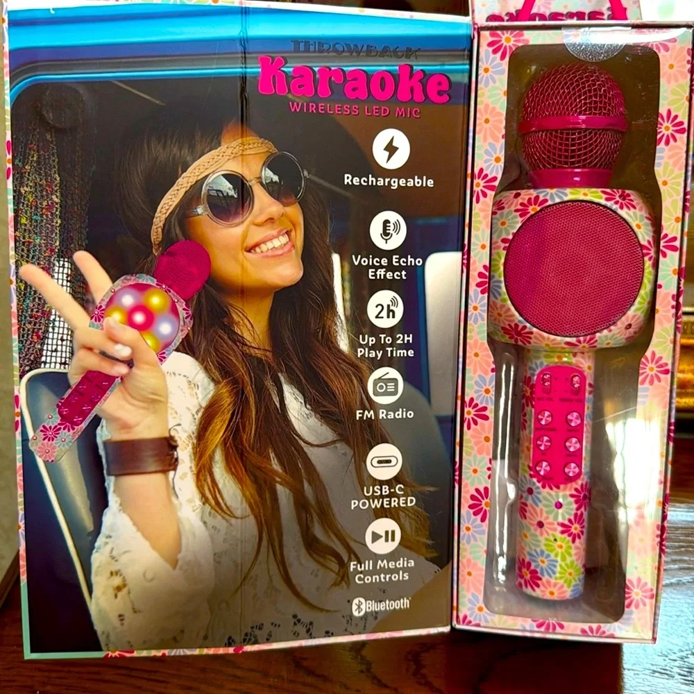 Karaoke Wireless LED Bluetooth Microphone in pink floral. Enjoy hours of fun